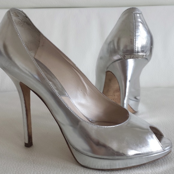 Christinan Dior Silver Shine Leather Peep-Toe Pumps Heels - Picture 1 of 4